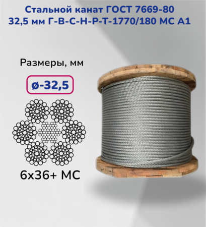 Стальной канат ГОСТ 7669-80 32,5 мм Г-В-С-Н-Р-Т-1770/180 МС А1